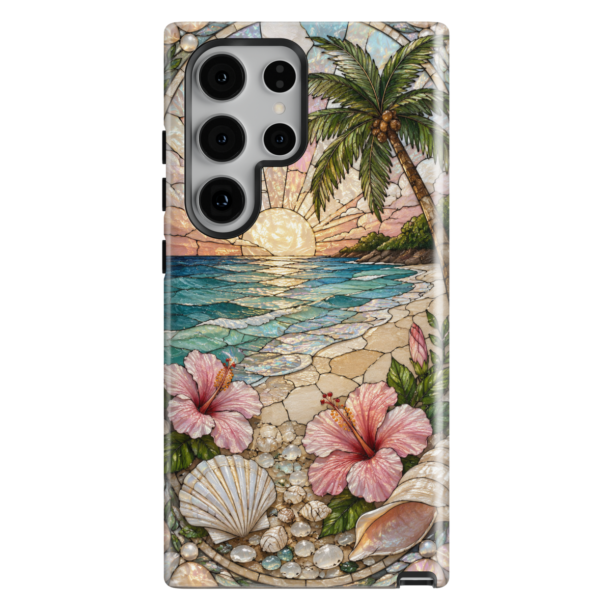Tropical Samsung Galaxy S26 Ultra case featuring hibiscus flowers, beach sunset scenery, seashells, and ocean waves.