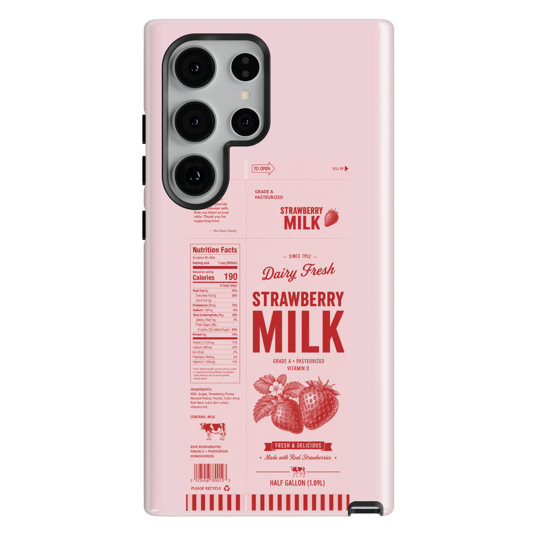 Pink strawberry milk carton Samsung Galaxy phone case featuring vintage dairy packaging design, strawberries, and retro food aesthetic artwork.