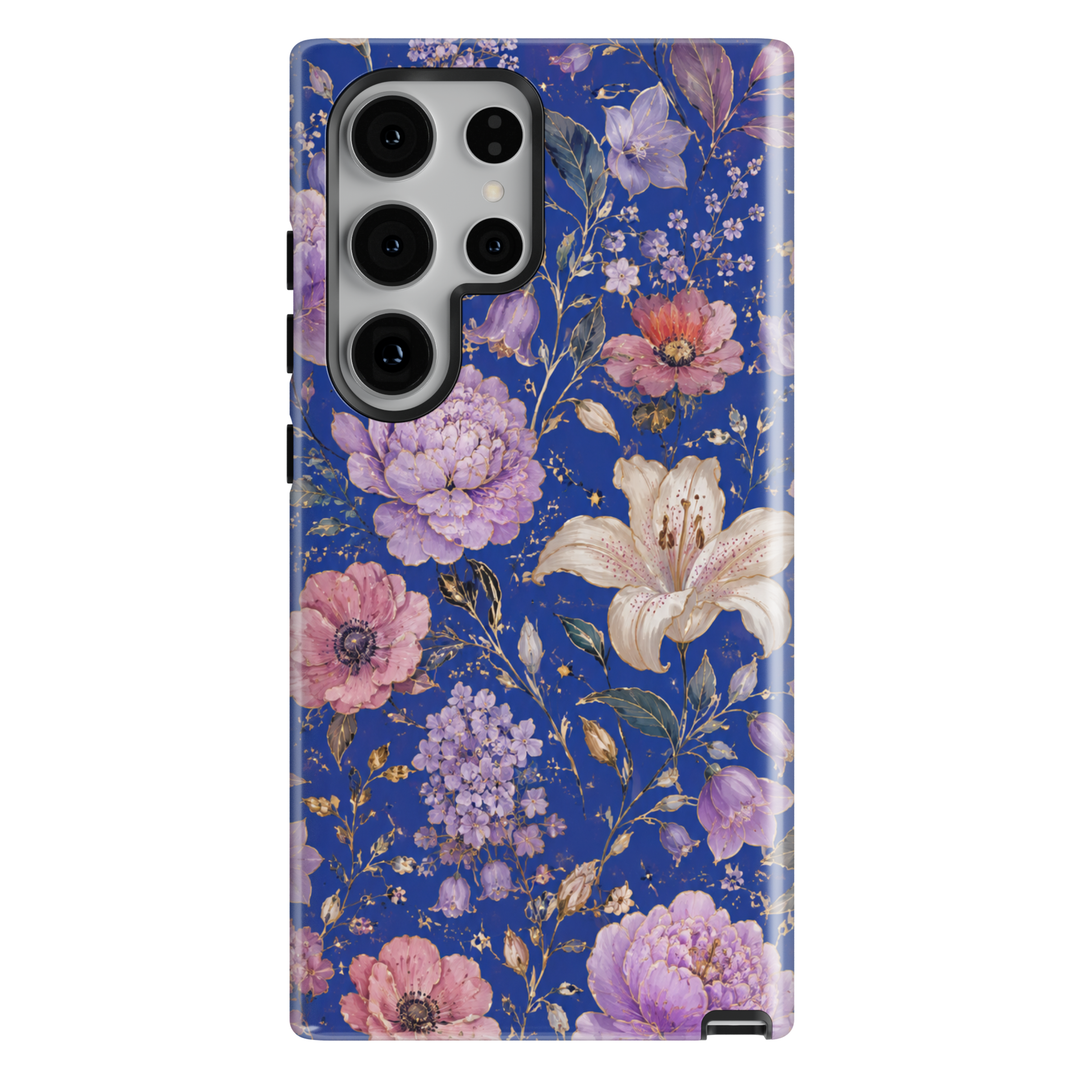 Electric Bloom Samsung Galaxy case with colorful coral, pink and orange flowers and green botanical leaves on vivid blue.