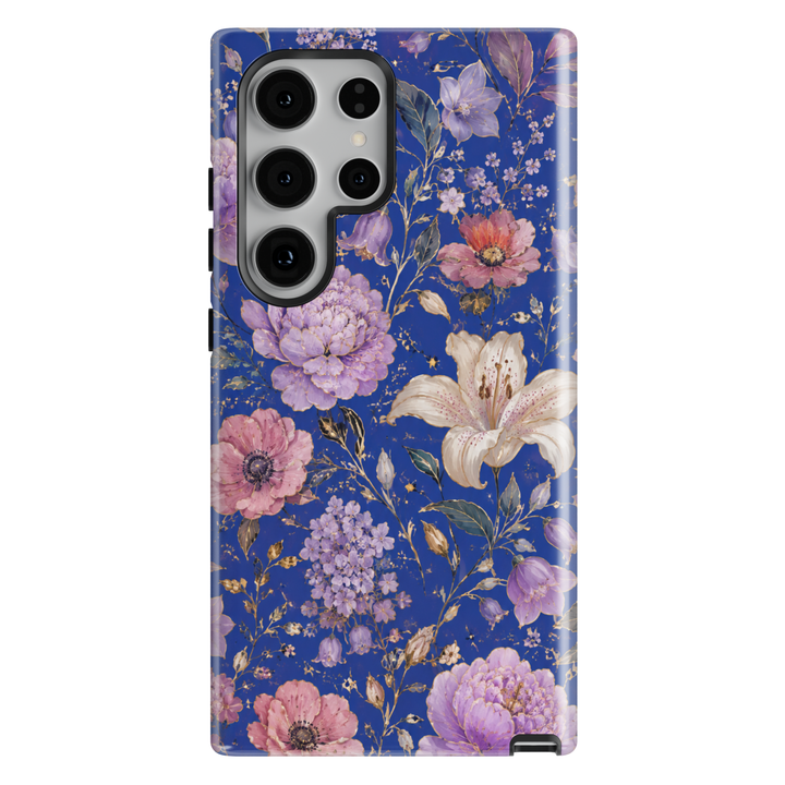 Electric Bloom Samsung Galaxy case with colorful coral, pink and orange flowers and green botanical leaves on vivid blue.