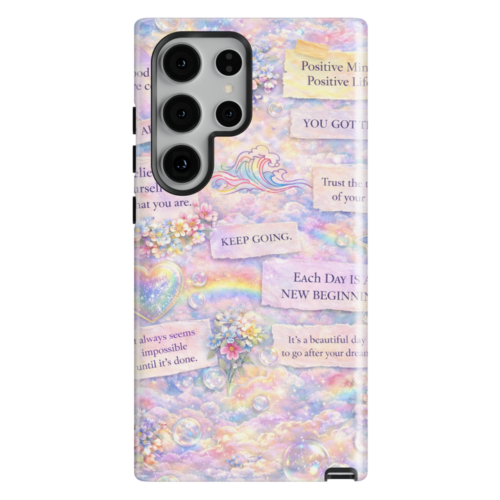 Motivational quote phone case featuring pastel clouds, rainbow, flowers and positive affirmations for iPhone 16 Pro Max and Samsung Galaxy S25 Ultra