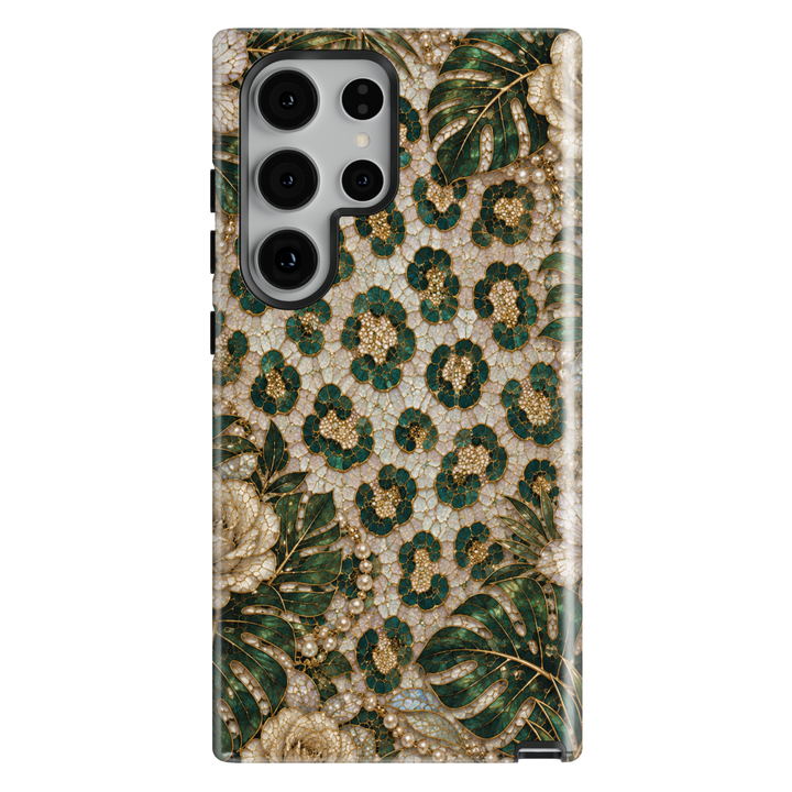 Samsung Galaxy phone case featuring emerald leopard print, tropical leaves, ivory flowers, pearls, and elegant gold mosaic accents.