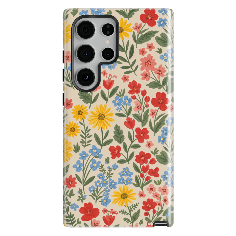 Colorful wildflower Samsung Galaxy S26 case with red yellow and blue meadow flowers on cream background protective tough case for Samsung Galaxy S26 Ultra, Galaxy S26 Plus, Galaxy S25 Ultra, Galaxy S25 Plus