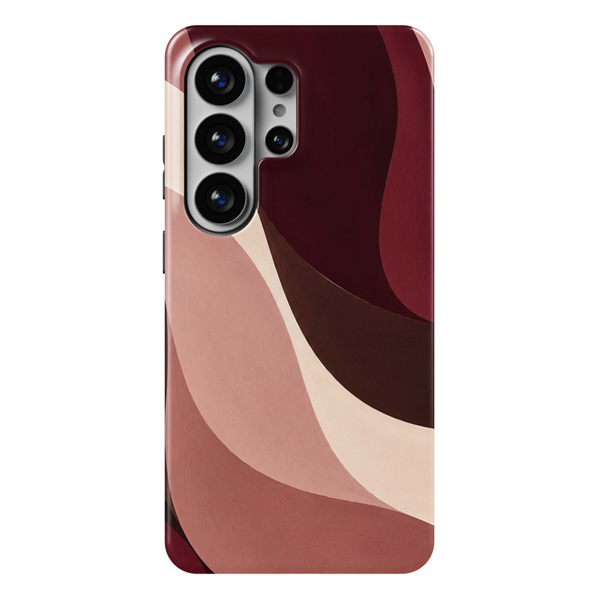Cabernet Curve Samsung Galaxy S26 Ultra case featuring flowing abstract waves in cabernet, burgundy, chocolate brown, dusty rose, blush and warm cream, a modern luxury tough Samsung Galaxy phone case.