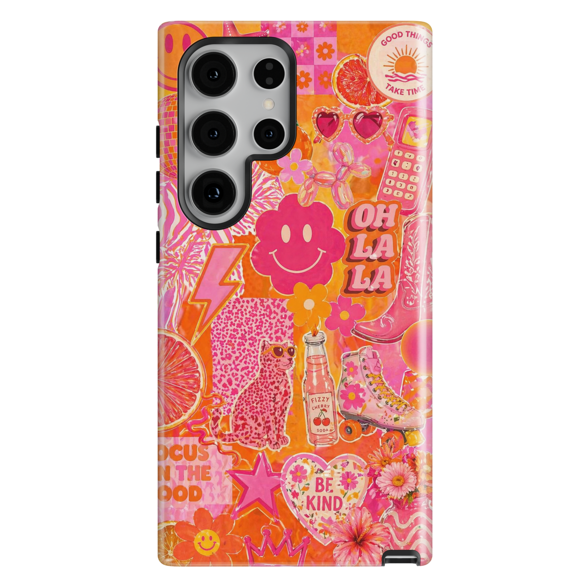 Cute aesthetic collage Samsung Galaxy S26 Ultra case with pink orange retro graphics, smiley face, flowers and trendy girly protective case.