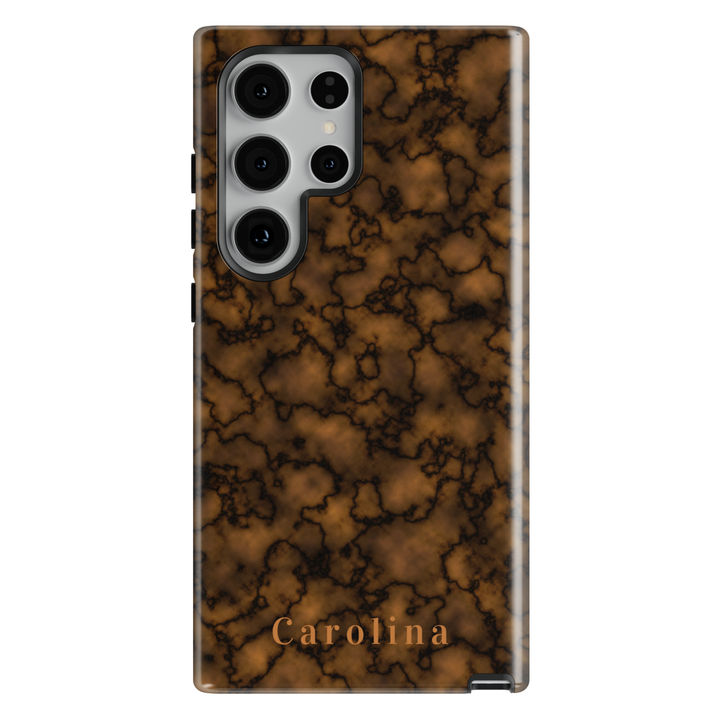 Personalized brown marble phone case with custom name Carolina, glossy neutral luxury design for iPhone and Samsung Galaxy