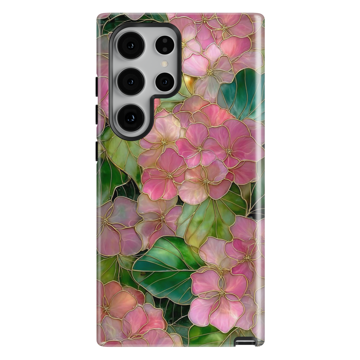Pink floral Samsung Galaxy S26 Ultra case with gold detailing and botanical pattern, elegant protective phone case.