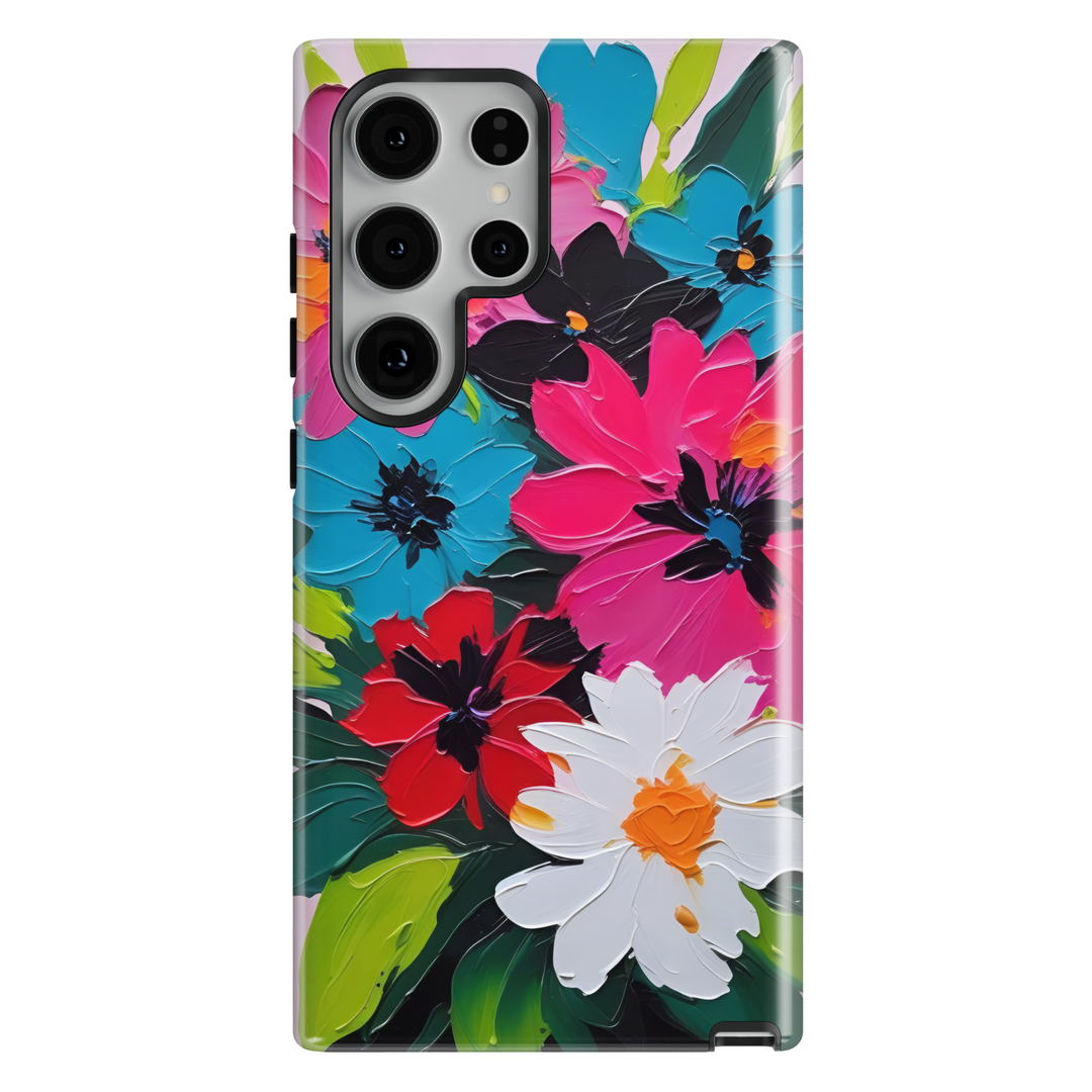 Samsung Galaxy phone case featuring vibrant abstract flowers in orange, pink, yellow, and purple with colorful paint strokes on a dark artistic background.