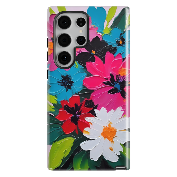 Samsung Galaxy phone case featuring vibrant abstract flowers in orange, pink, yellow, and purple with colorful paint strokes on a dark artistic background.