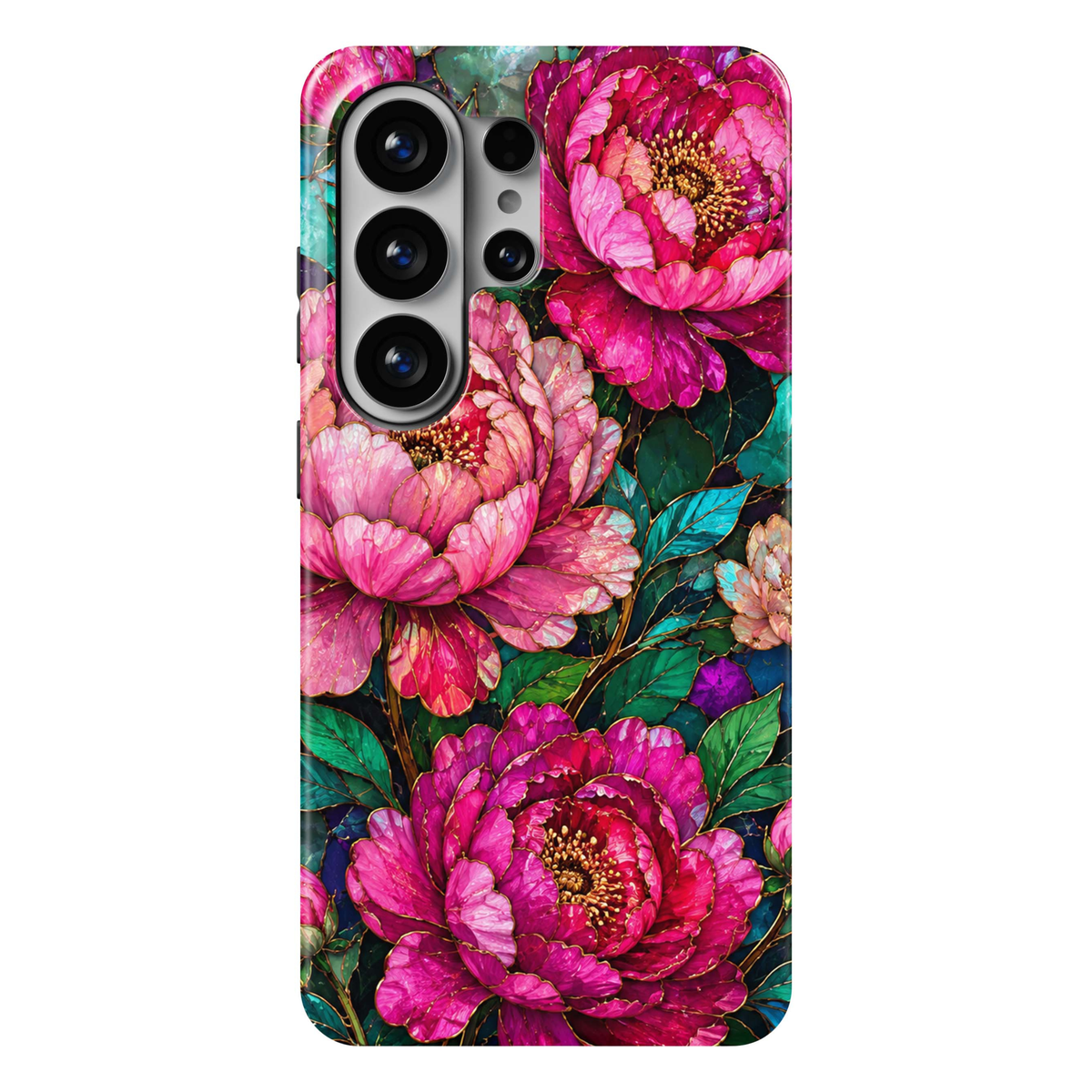 Jewel Peony Garden Samsung Galaxy S26 Ultra case featuring large pink, fuchsia and magenta peony flowers with emerald, teal and turquoise leaves and jewel-like stained-glass detailing, a colorful feminine floral Galaxy S26 Ultra tough phone case for Samsung Galaxy S26, S26 Plus and S26 Ultra.