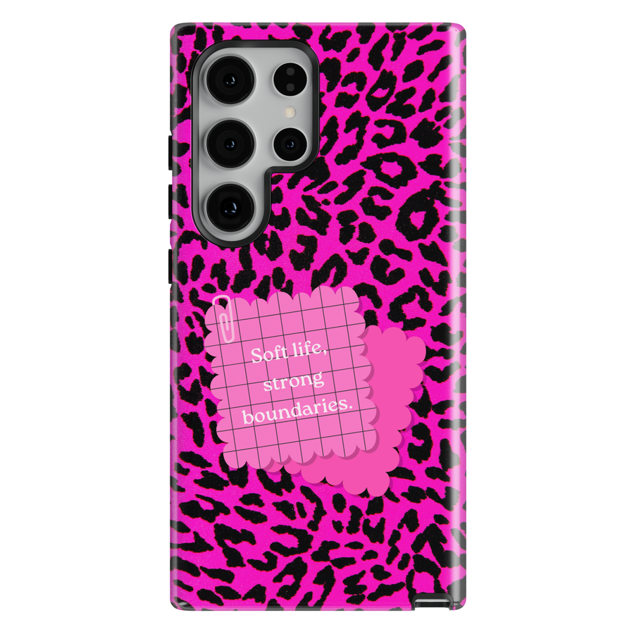 Hot pink leopard phone case with quote soft life strong boundaries on a protective iPhone and Samsung Galaxy phone case for women