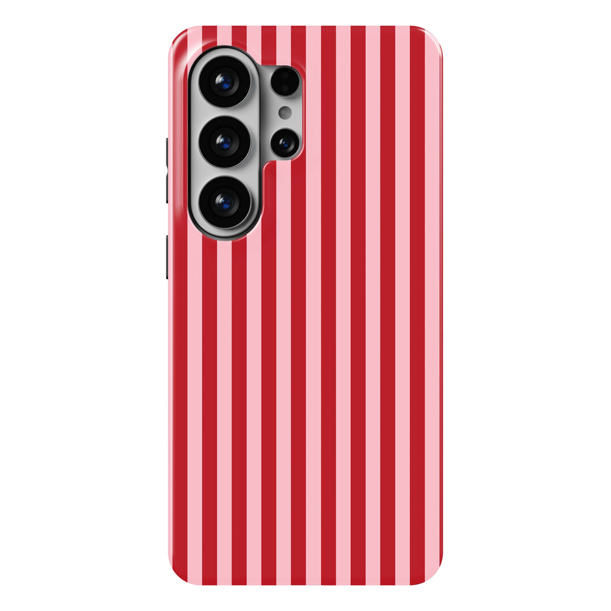 Candy Stripe Samsung Galaxy S26 Ultra case featuring clean vertical red and blush pink stripes, a bold preppy striped Galaxy S26 Ultra tough phone case with feminine retro aesthetic for Samsung Galaxy S26, S26 Plus and S26 Ultra.
