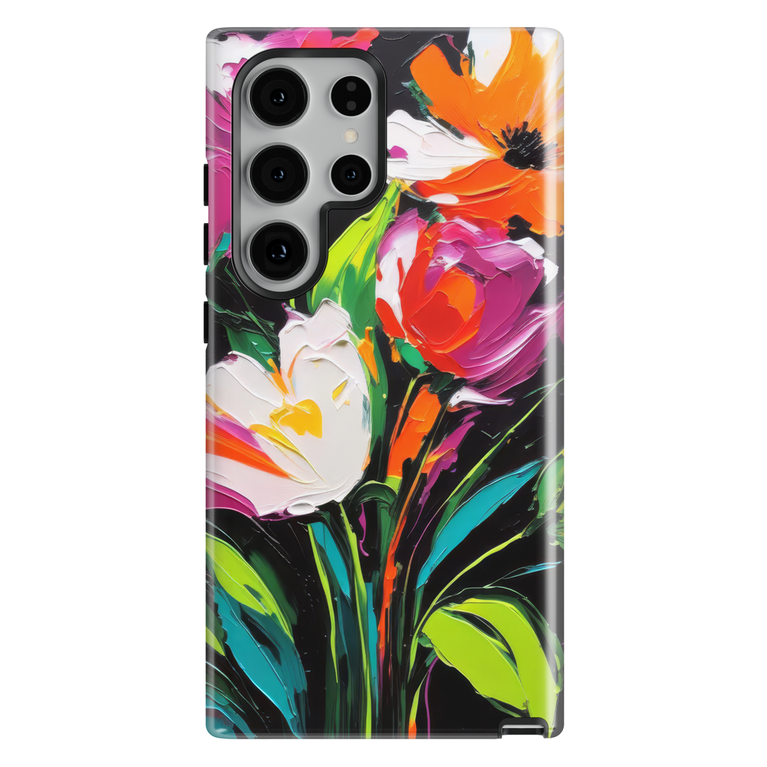 Samsung Galaxy phone case featuring bold abstract painted flowers in orange, pink, white, and teal on a dramatic black background.