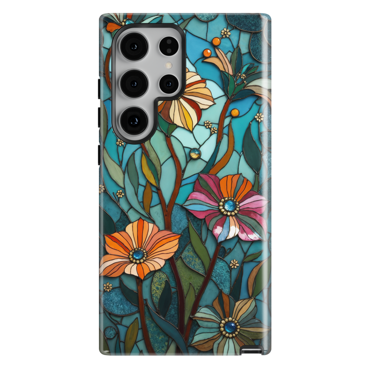 Stained glass Samsung Galaxy case featuring teal floral artwork with layered petals and flowing botanical elements