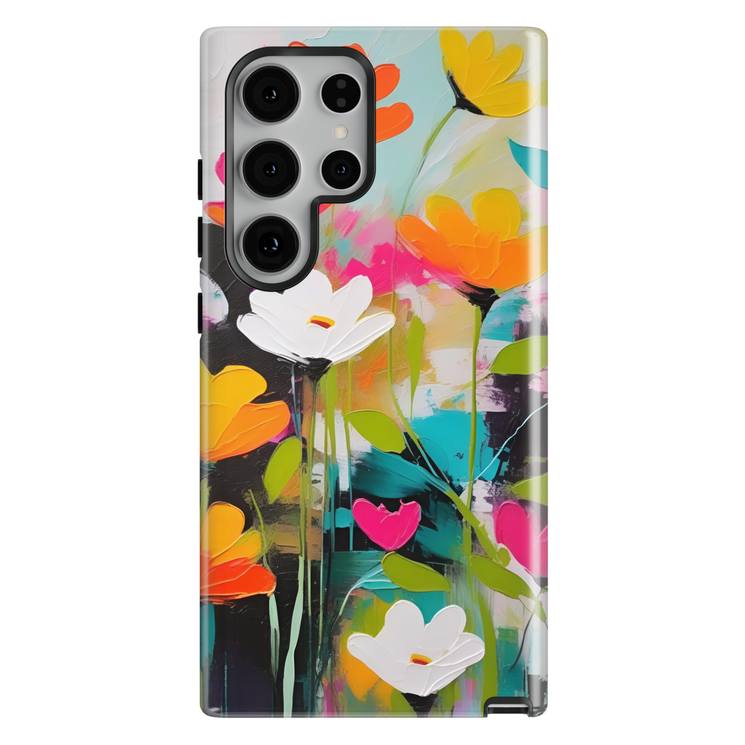 Samsung Galaxy phone case featuring bold abstract painted flowers in orange, pink, white, and teal on a dramatic black background.