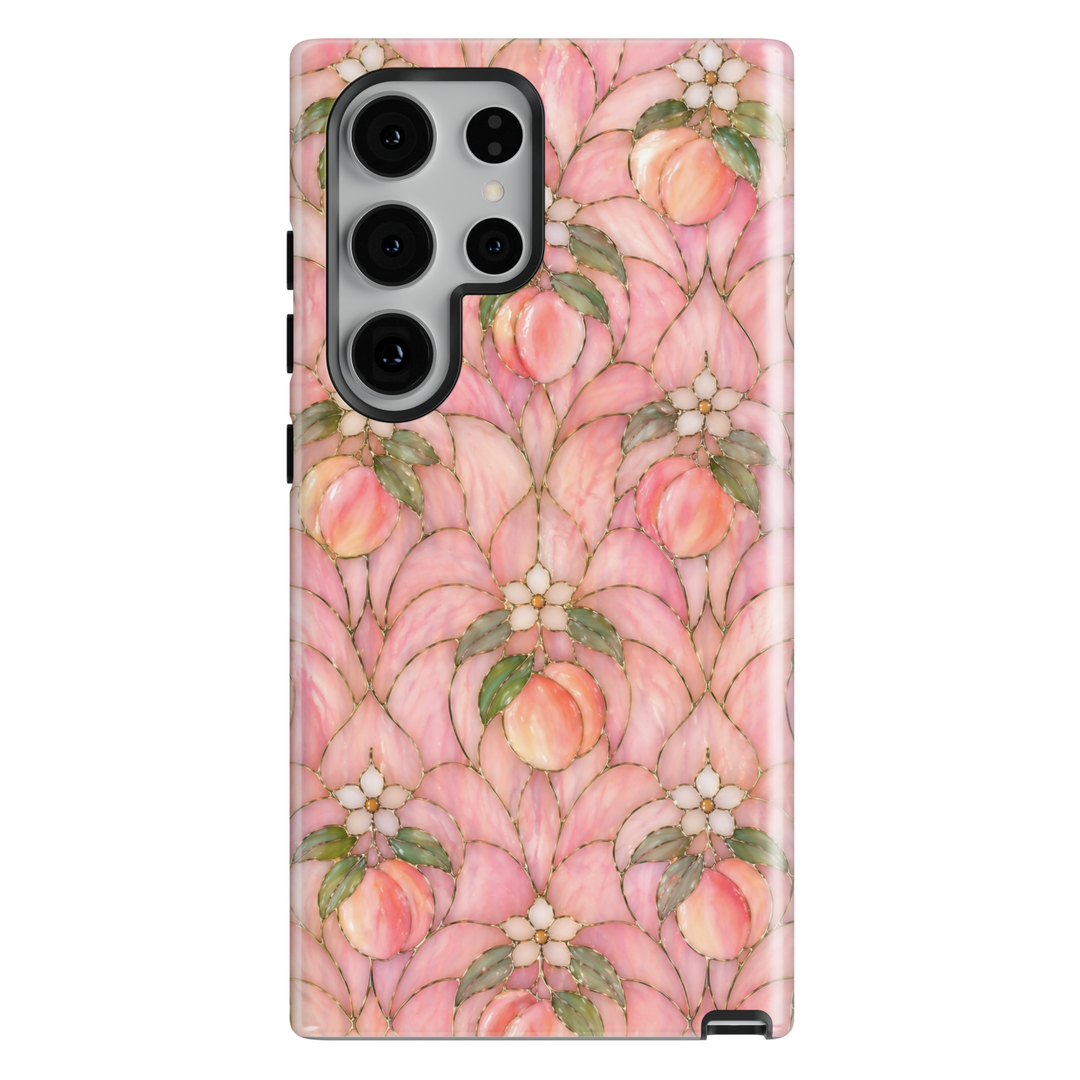 Soft peach floral Samsung Galaxy S26 Ultra case with elegant pink tones and orchard fruit pattern.
