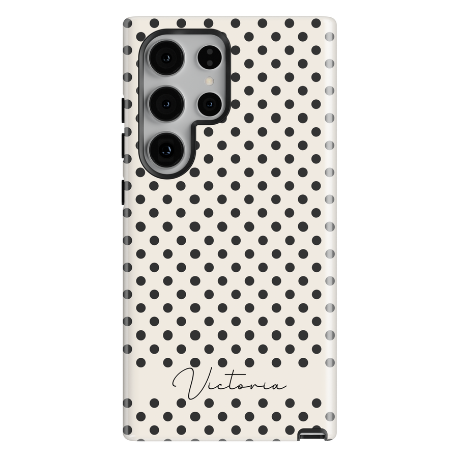 Ivory neutral polka dot personalized phone case with custom name on a protective iPhone and Samsung Galaxy phone case