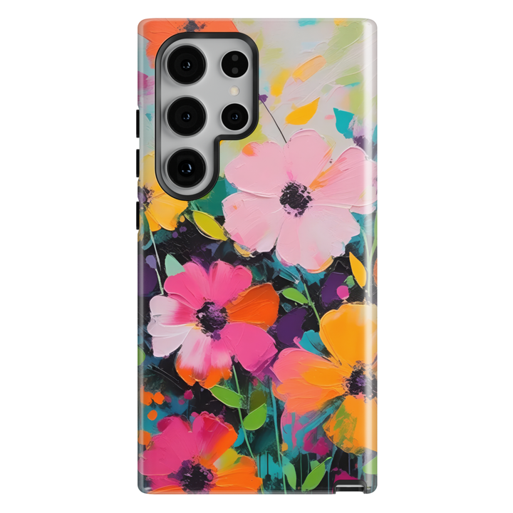 Samsung Galaxy phone case featuring vibrant abstract flowers in pink, coral, orange, yellow, and teal with expressive painterly brushstrokes.