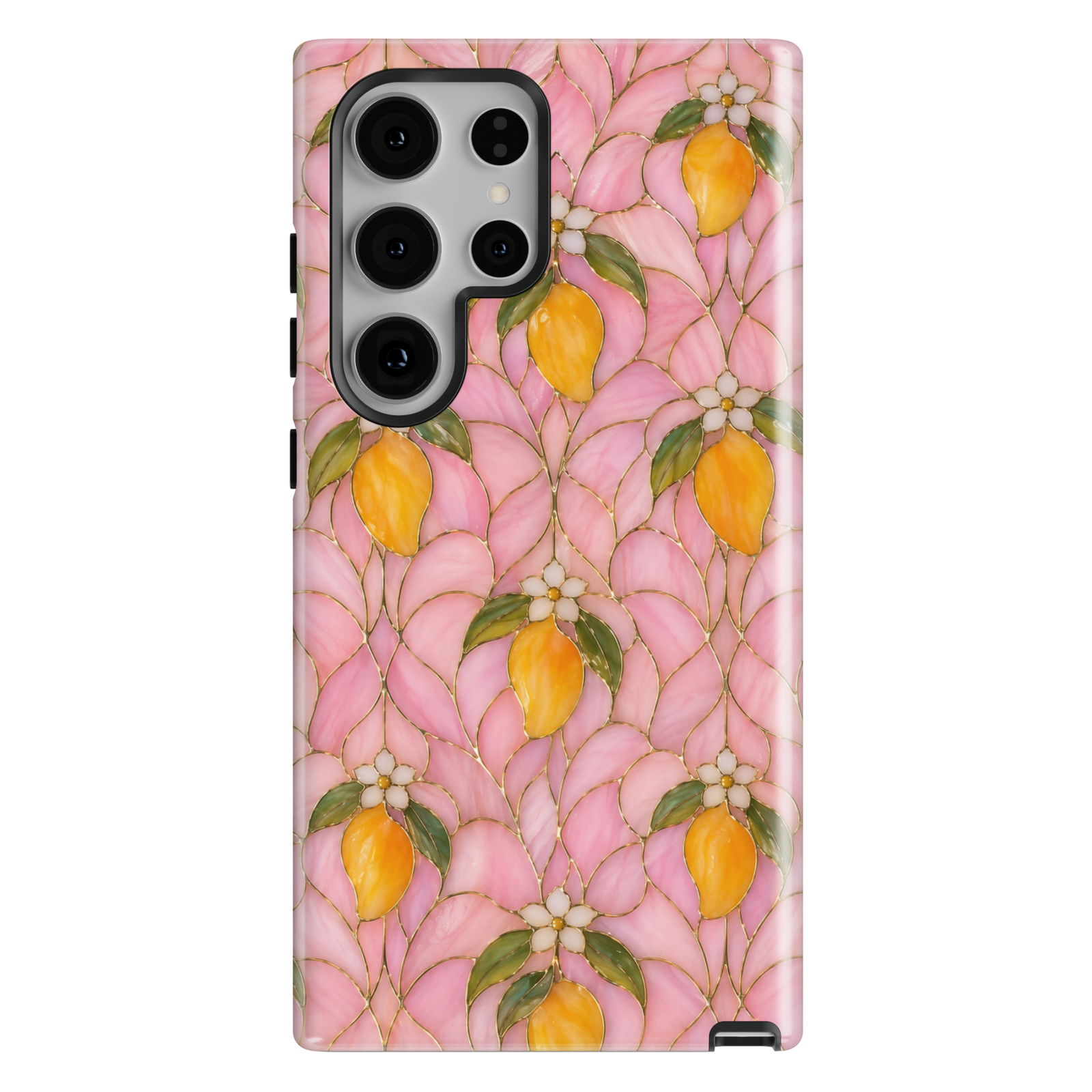 Pink citrus Samsung Galaxy S26 Ultra case with lemons and floral pattern in a soft girly aesthetic.
