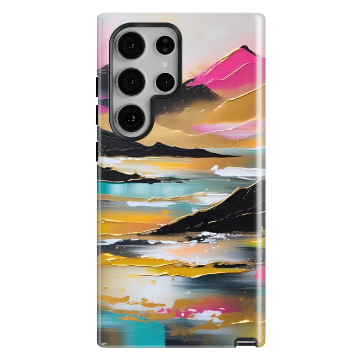 Samsung Galaxy phone case featuring a colorful abstract landscape with pink, gold, teal, black, and sunset-inspired brushstrokes.