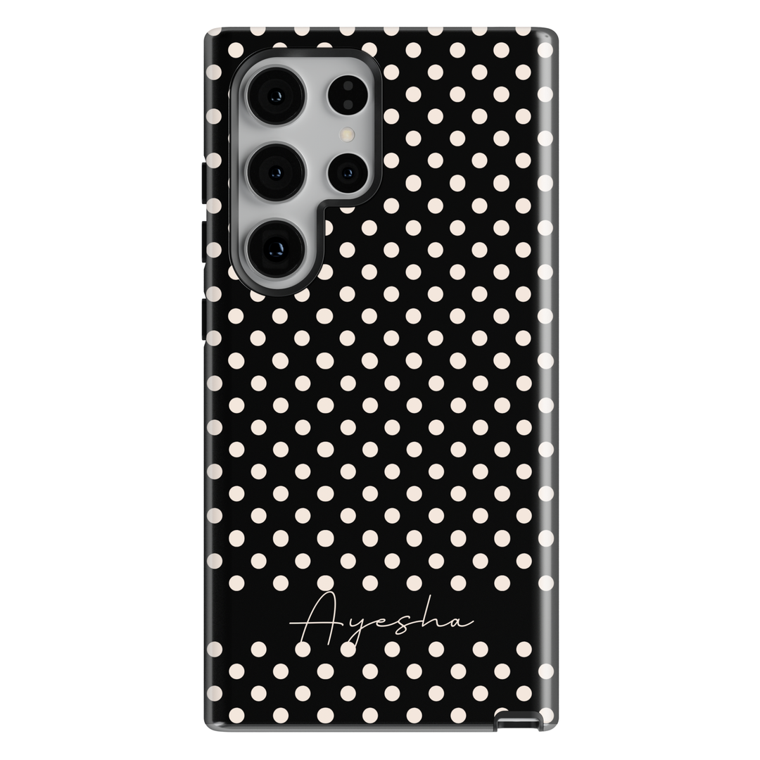 Black polka dot personalized phone case with custom name on a protective iPhone and Samsung Galaxy phone case