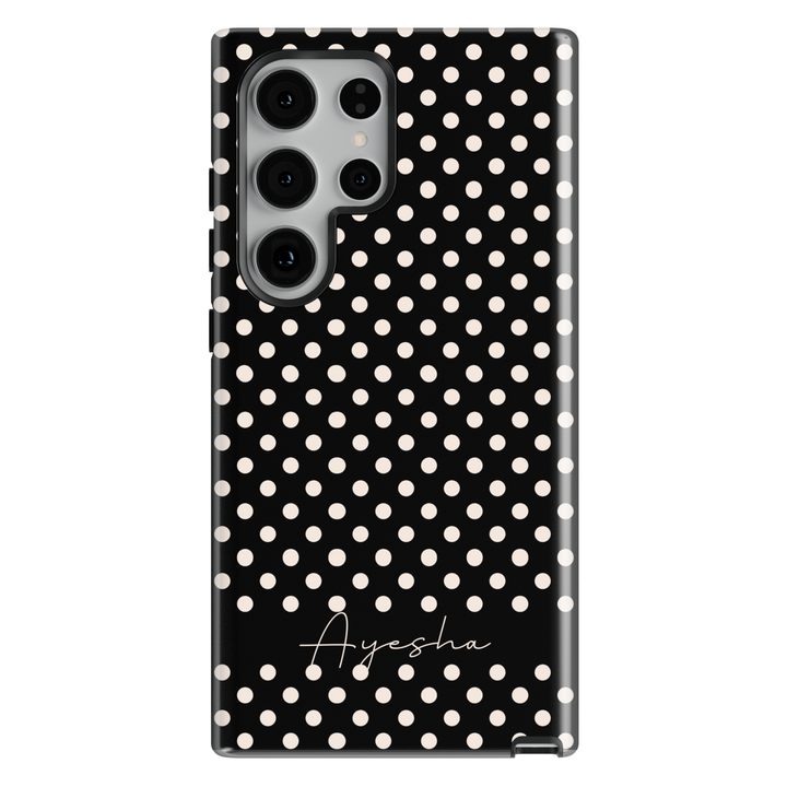 Black polka dot personalized phone case with custom name on a protective iPhone and Samsung Galaxy phone case