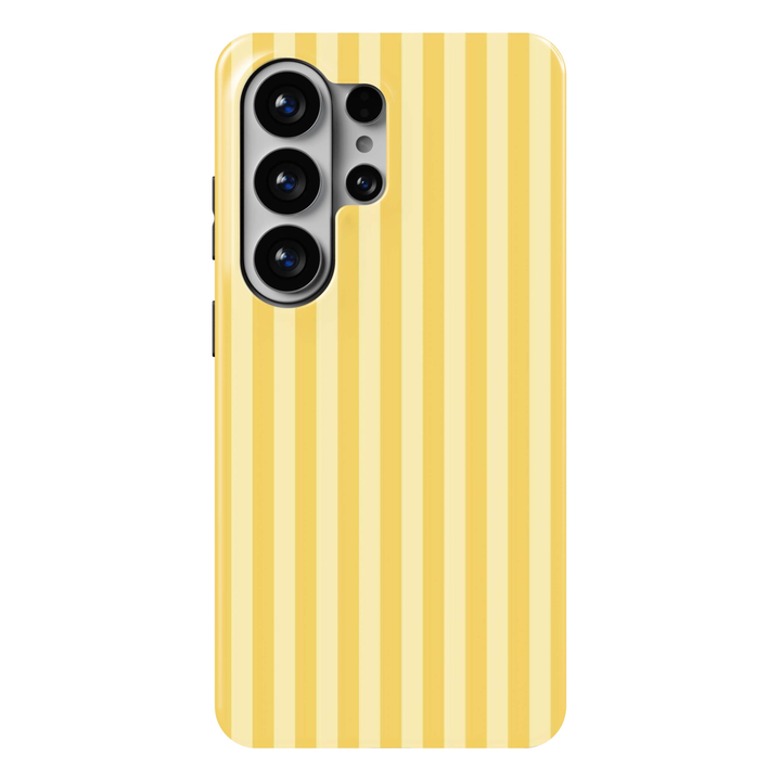 Lemon Chiffon Samsung Galaxy S26 Ultra case featuring vertical butter yellow, lemon and creamy pastel stripes, a soft preppy and minimalist Galaxy S26 Ultra tough phone case for Samsung Galaxy S26, S26 Plus and S26 Ultra.