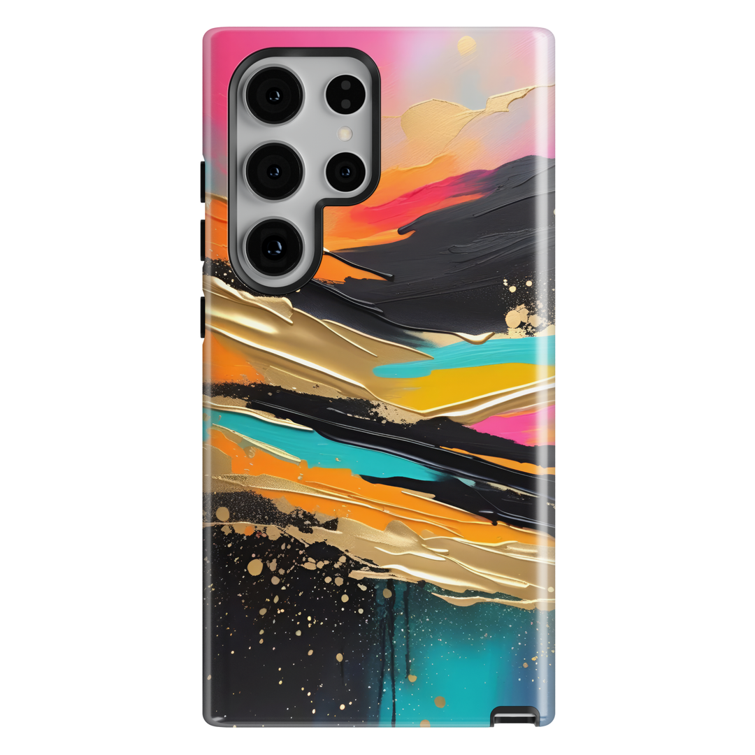 Samsung Galaxy phone case featuring a vibrant abstract painting with pink, teal, orange, black, and gold brushstroke artwork.