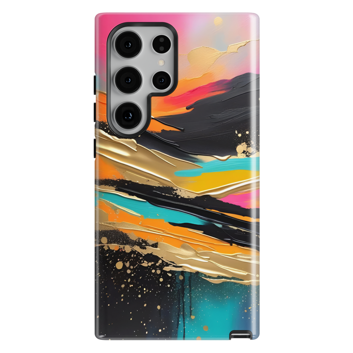 Samsung Galaxy phone case featuring a vibrant abstract painting with pink, teal, orange, black, and gold brushstroke artwork.