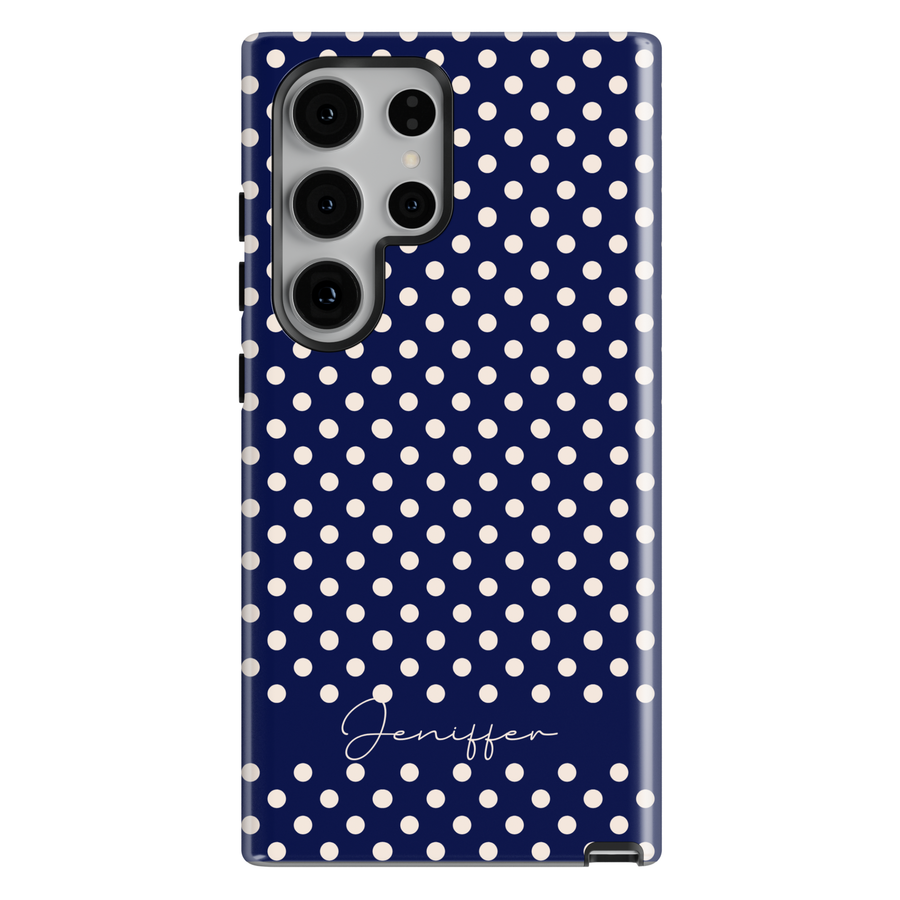 Navy blue polka dot personalized phone case with custom name on a protective iPhone and Samsung Galaxy phone case