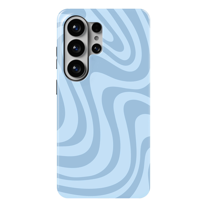 Blue Mirage Samsung Galaxy S26 Ultra case with flowing abstract waves in light powder blue and deeper blue tones, a minimalist retro-inspired Galaxy S26 Ultra tough phone case for Samsung Galaxy S26, S26 Plus and S26 Ultra.
