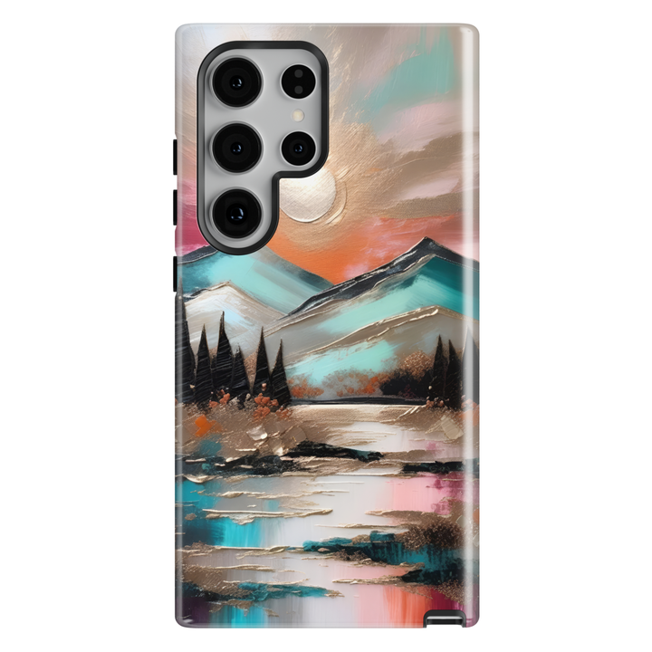 Samsung Galaxy case featuring turquoise mountains, reflective lake, evergreen trees, and a colorful sunset landscape.