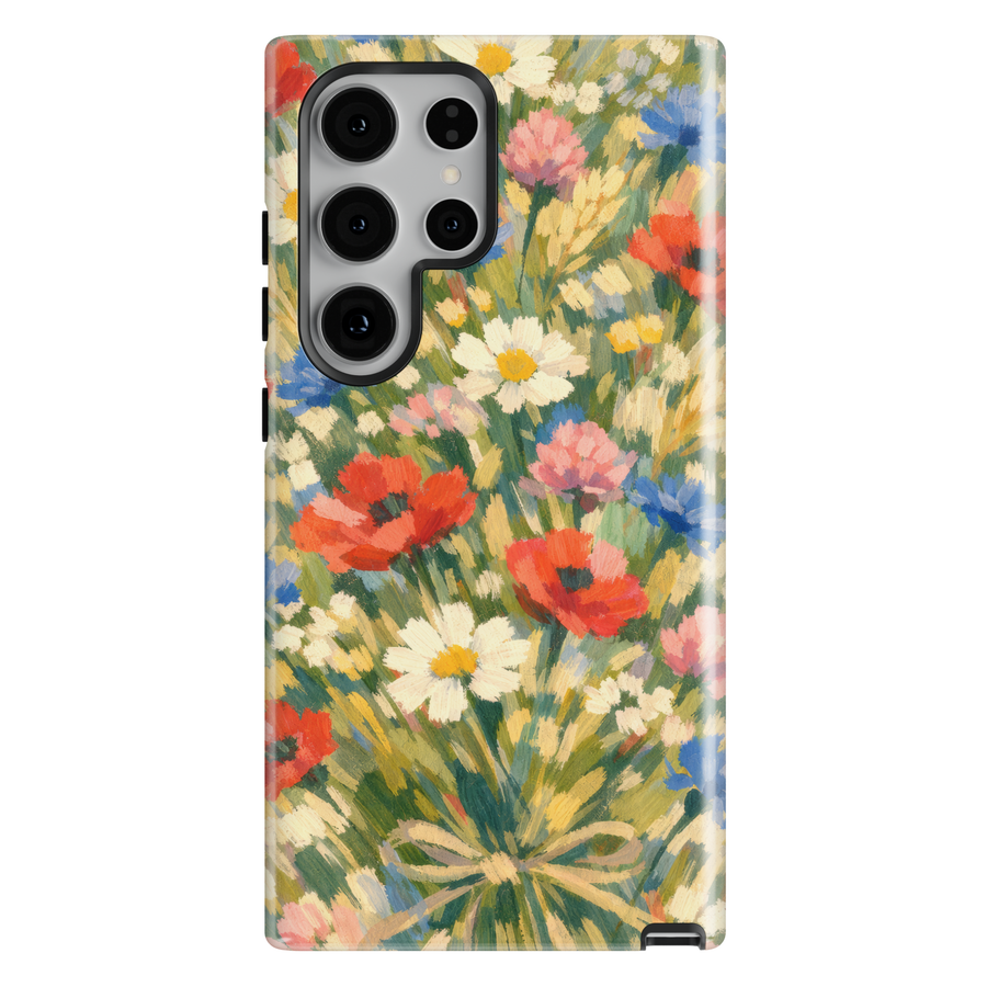 Samsung Galaxy phone case featuring an impressionist wildflower bouquet with daisies, red poppies, blue cornflowers, and soft painterly brushstrokes.