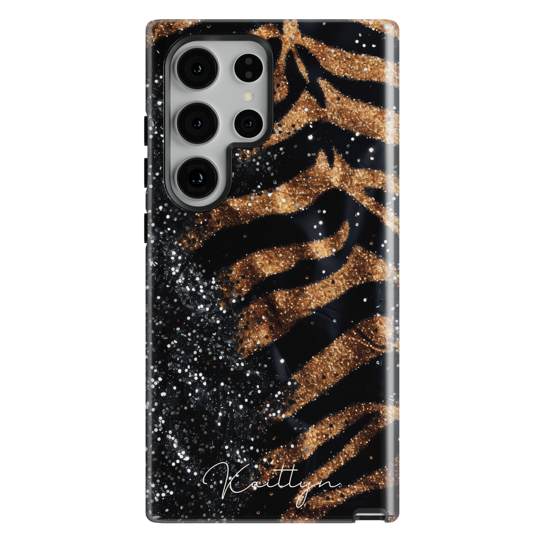 Black and gold leopard luxury phone case with glitter accents on a protective iPhone and Samsung Galaxy phone case for women