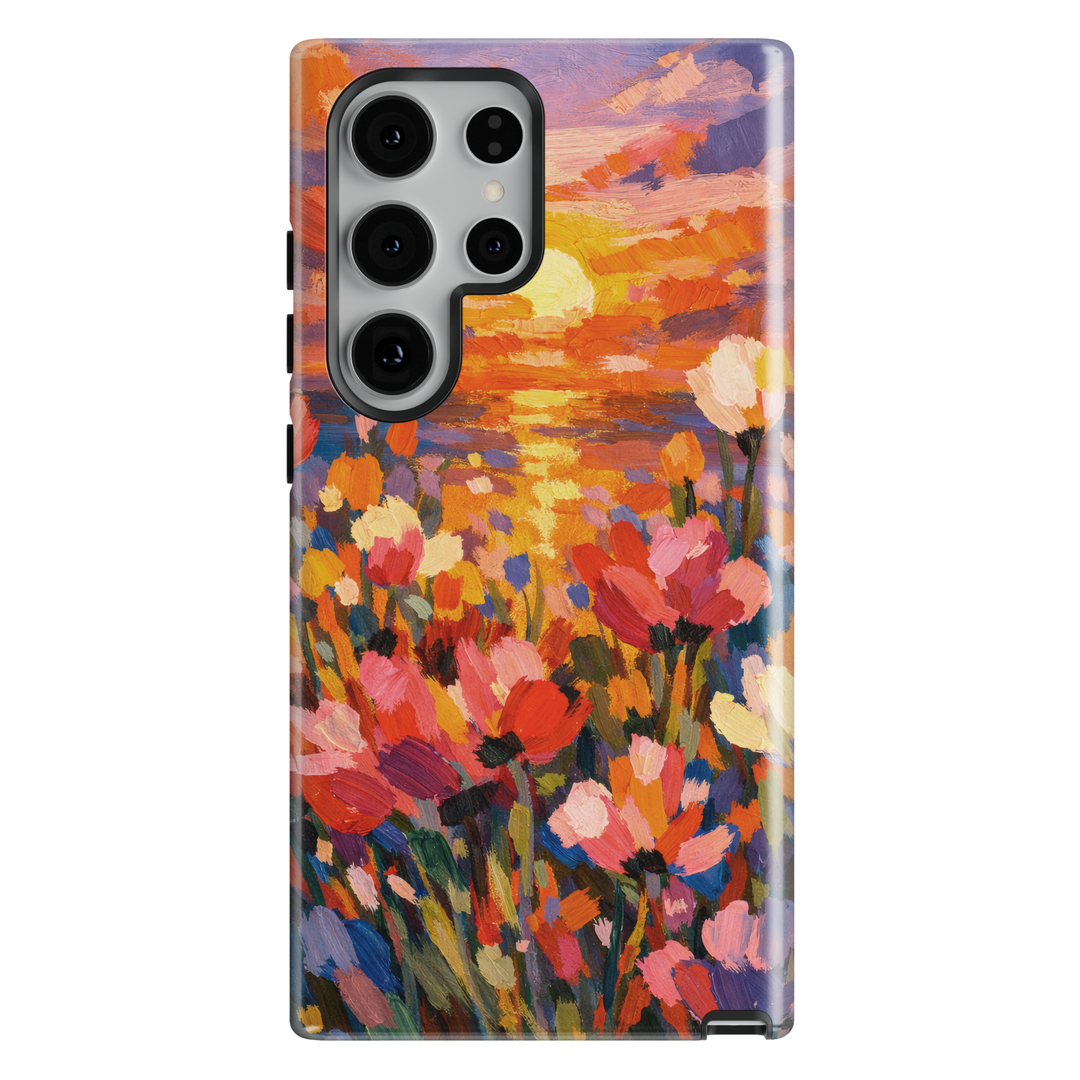 Samsung Galaxy phone case featuring an impressionist sunset over colorful wildflowers with vibrant painterly brushstrokes.