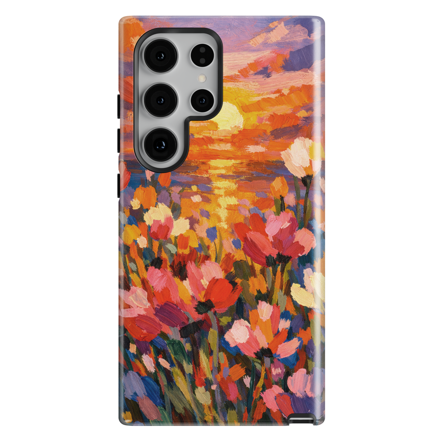 Samsung Galaxy phone case featuring an impressionist sunset over colorful wildflowers with vibrant painterly brushstrokes.