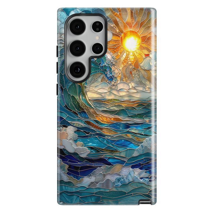 Ocean sunrise stained glass art phone case with blue waves and golden sun on a protective iPhone and Samsung Galaxy phone case