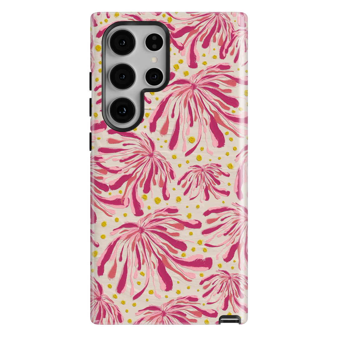 Samsung Galaxy phone case featuring vibrant pink floral blooms with golden confetti accents on a soft ivory background.