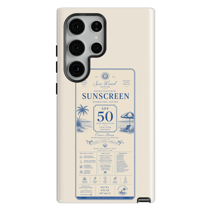 Vintage SPF 50 sunscreen label Samsung Galaxy case featuring retro coastal artwork with palm trees, ocean scenery, and summer beach aesthetic.