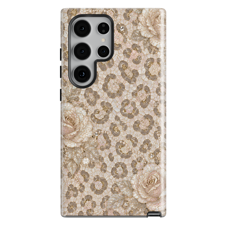 Samsung Galaxy phone case featuring elegant pearl snow leopard print, ivory flowers, champagne gold details, and luxury mosaic design.