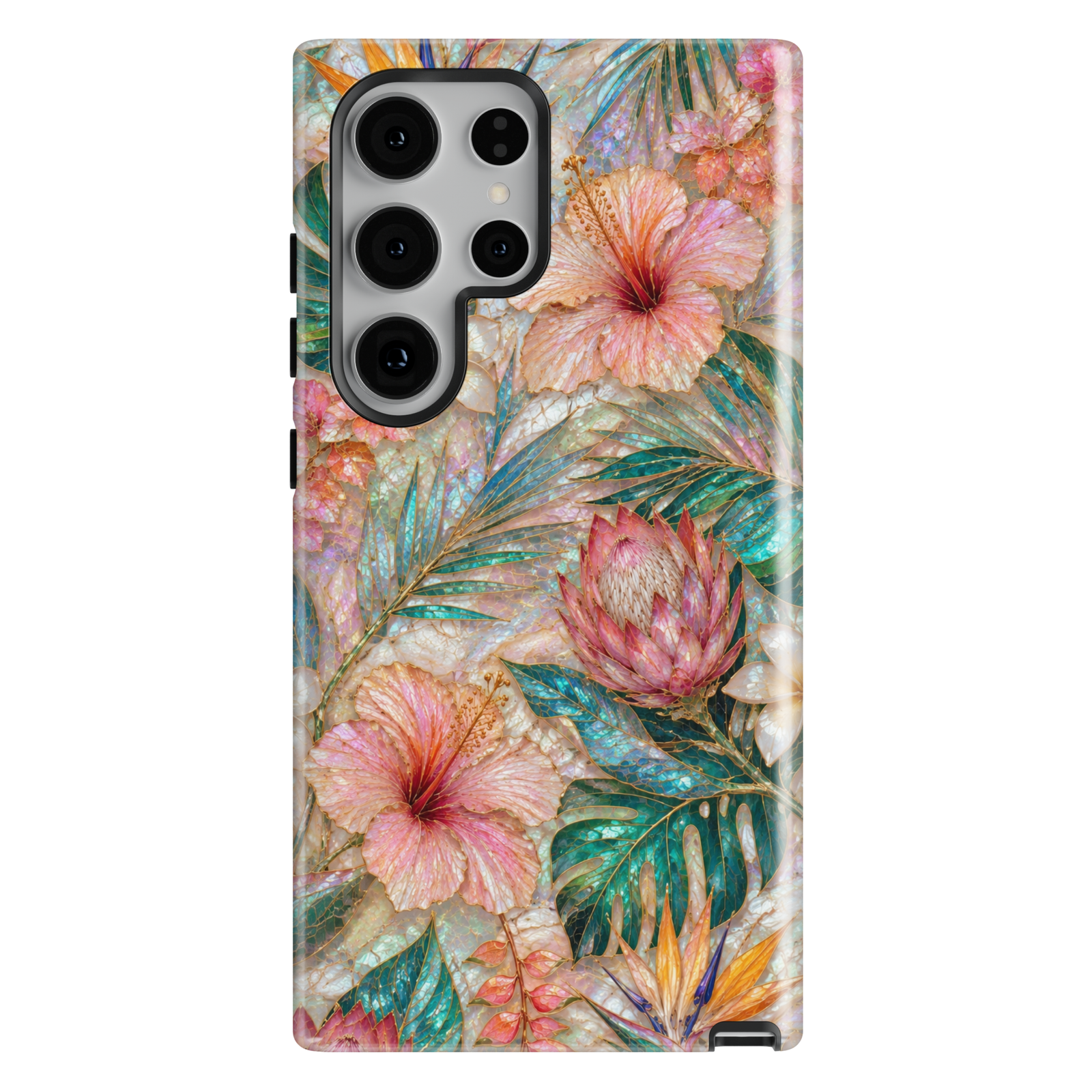 Luxury tropical Samsung Galaxy S26 Ultra phone case with hibiscus flowers, exotic botanical leaves, and island-inspired artwork.