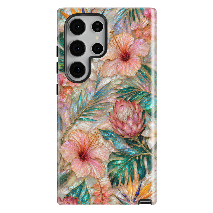 Luxury tropical Samsung Galaxy S26 Ultra phone case with hibiscus flowers, exotic botanical leaves, and island-inspired artwork.