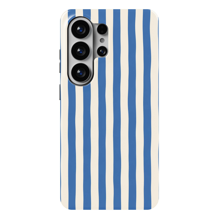 Blue Hour Samsung Galaxy S26 Ultra case featuring vertical blue and warm cream stripes with a slightly hand-drawn look, a preppy coastal Galaxy S26 Ultra tough phone case and blue striped Samsung case for Galaxy S26, S26 Plus and S26 Ultra.