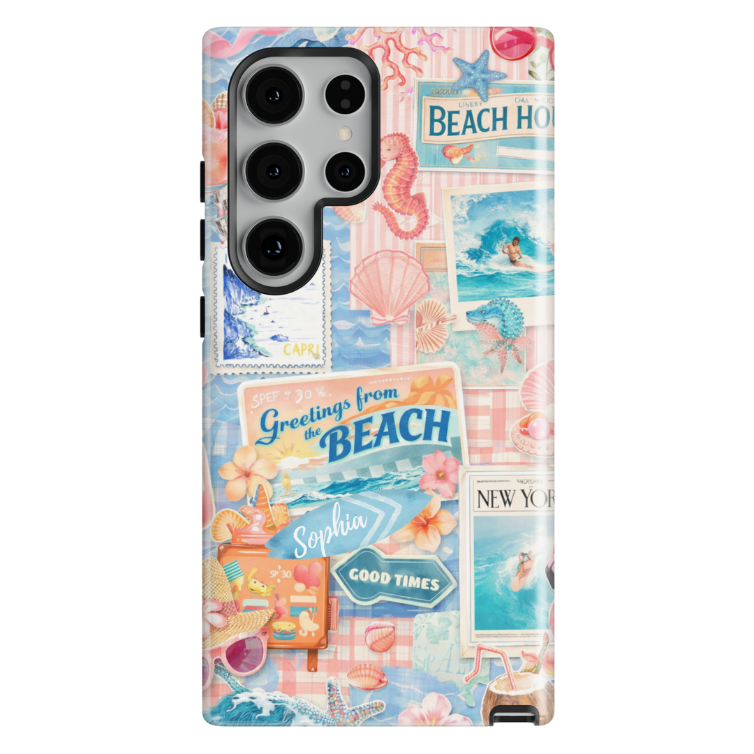 Pastel beach collage phone case with seashells, ocean waves, and coastal travel aesthetic for iPhone 17 Pro Max and Samsung Galaxy S26 Ultra.