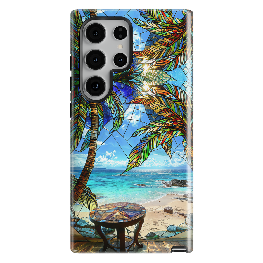 Stained glass palm tree beach phone case with ocean view on Samsung Galaxy protective case
