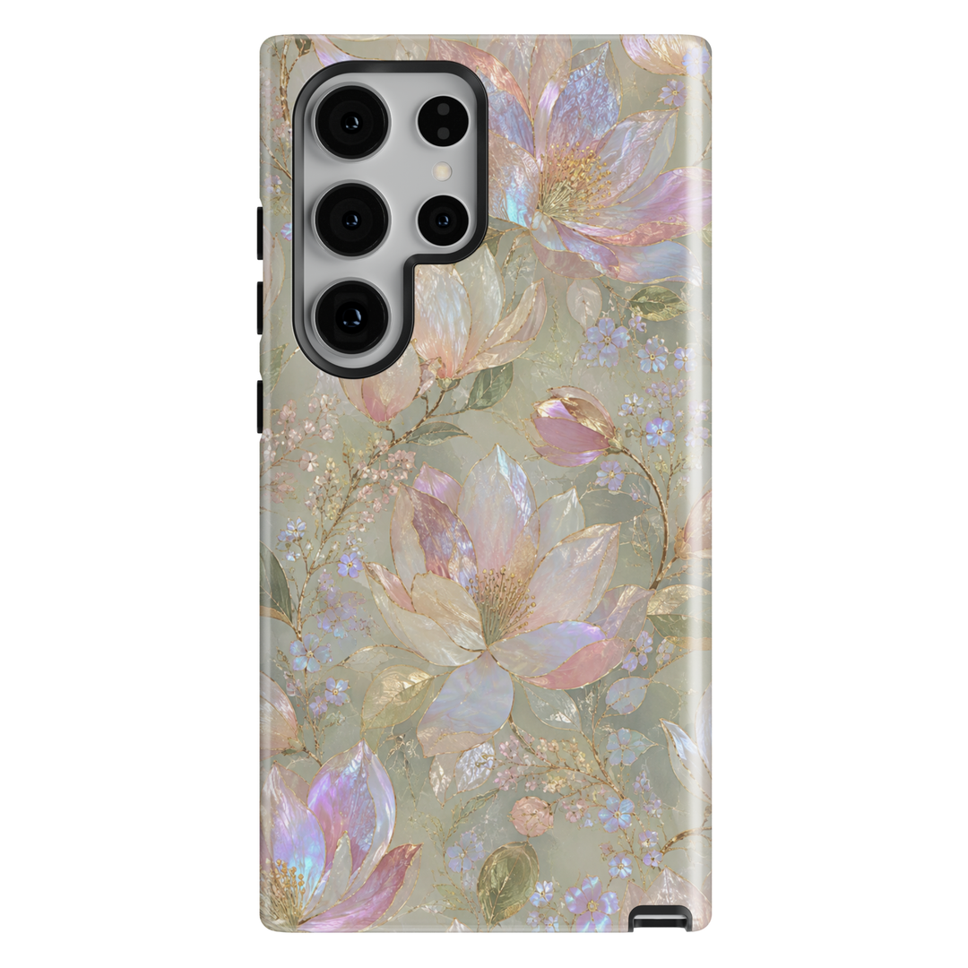 Opal Magnolia Samsung Galaxy case featuring pearlescent magnolia flowers, pastel lavender blooms and sage green botanical background.