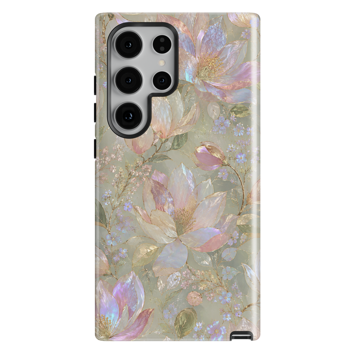Opal Magnolia Samsung Galaxy case featuring pearlescent magnolia flowers, pastel lavender blooms and sage green botanical background.
