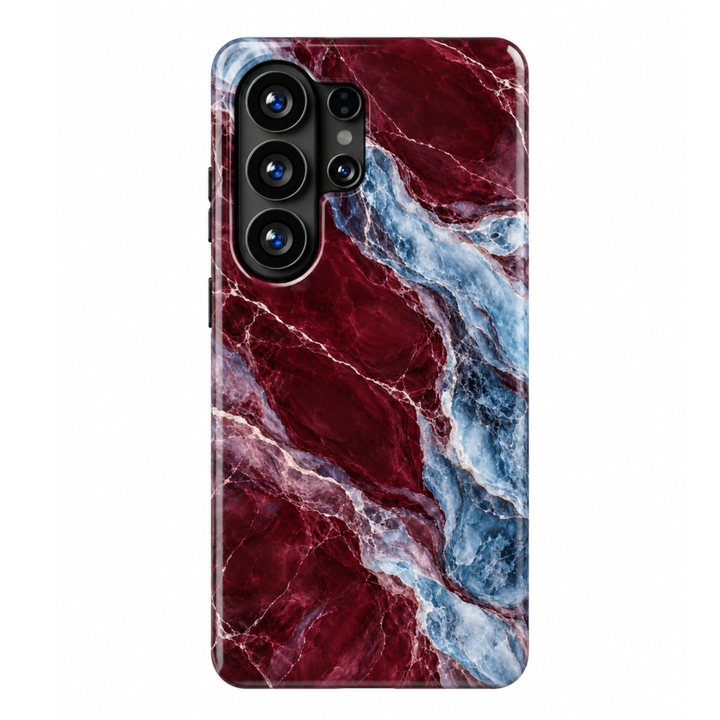 Glossy CASELIX Samsung Galaxy tough case with burgundy red marble print, flowing icy blue bands and fine white veining on a white background.