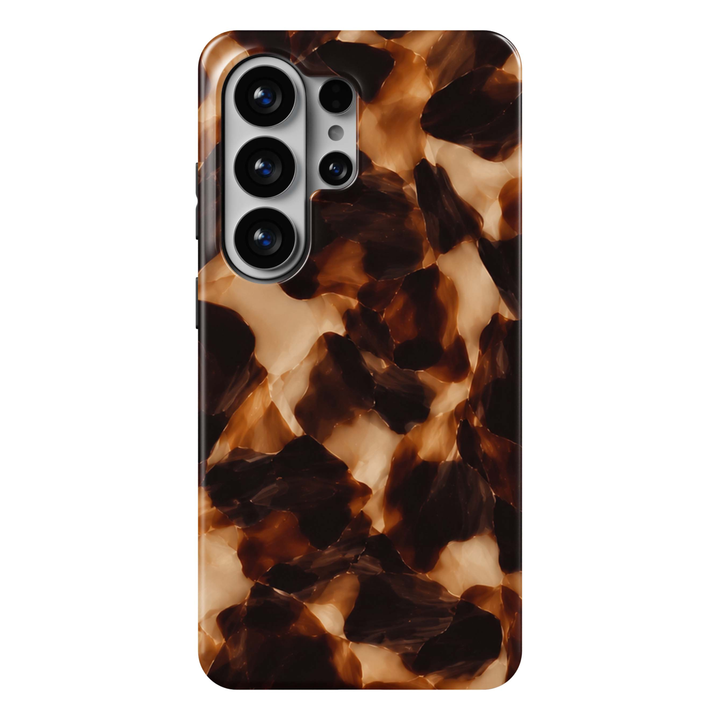 Espresso Tortoise Samsung Galaxy S26 Ultra case featuring a glossy tortoiseshell pattern in deep espresso brown, chocolate, caramel, amber and creamy beige, a luxurious neutral tough Samsung Galaxy phone case.