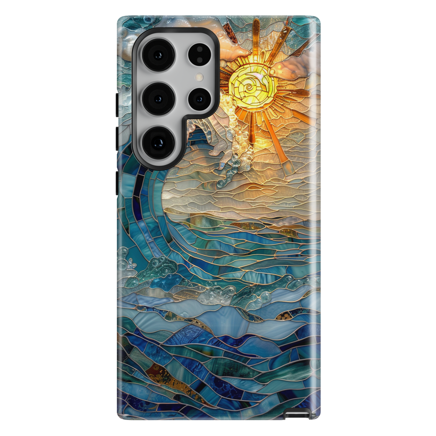 Ocean sunrise stained glass art phone case with blue waves and golden sun on a protective iPhone and Samsung Galaxy phone case